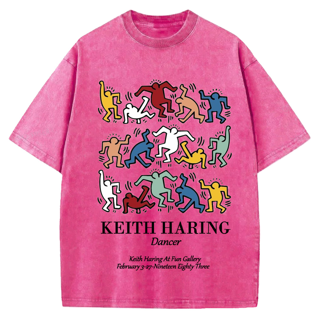 Keith Haring Dancer Vintage Design Washed Crew Neck T-Shirt