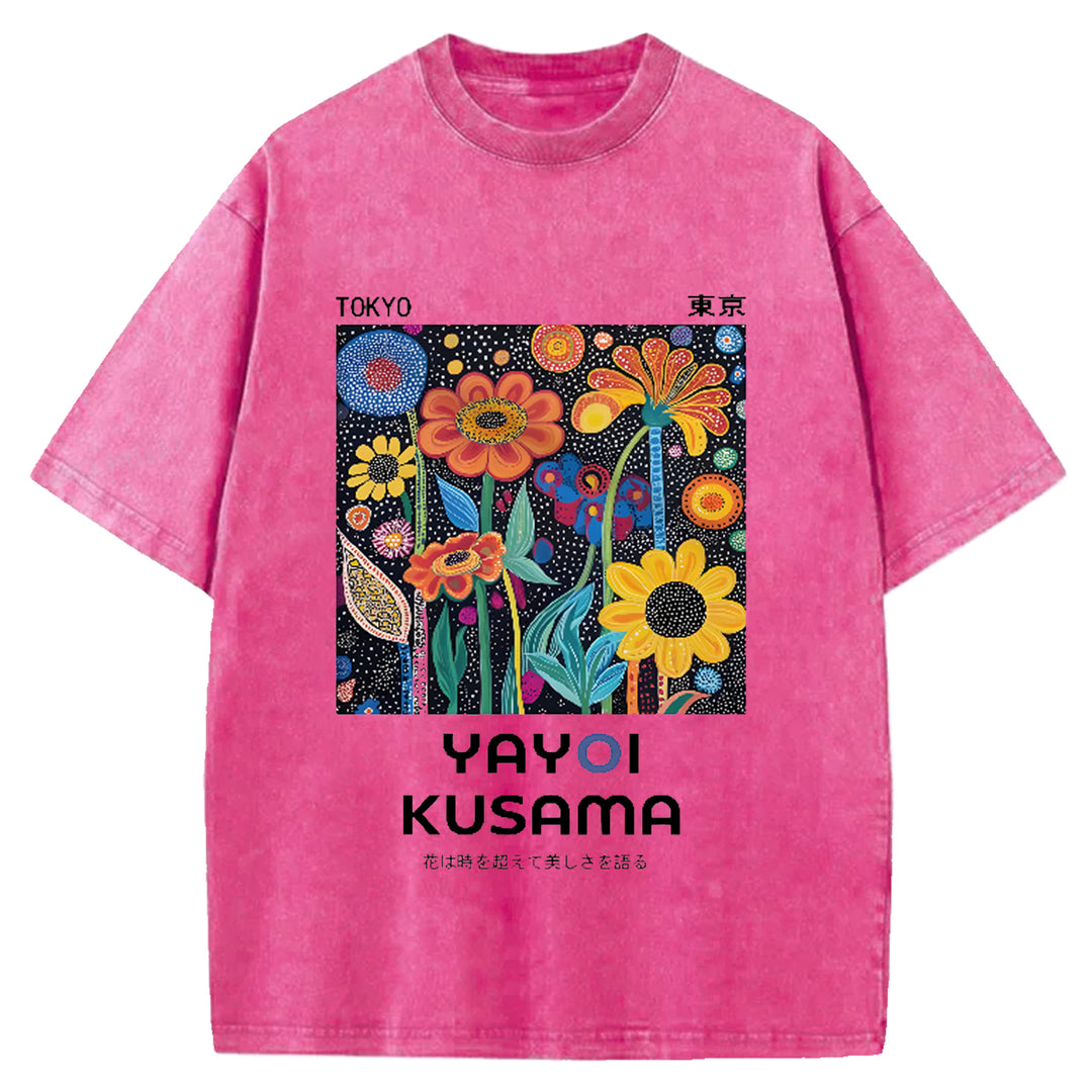 Yayoi Kusama Flower Vintage Japanese Design Washed Crew Neck T-Shirt