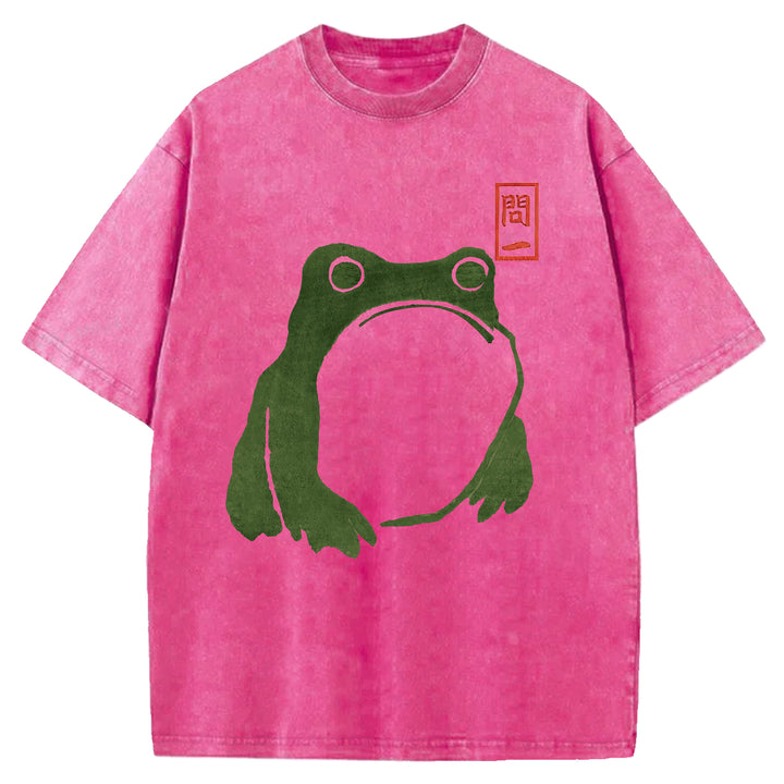 Retro Frog Design Washed Crew Neck T-Shirt