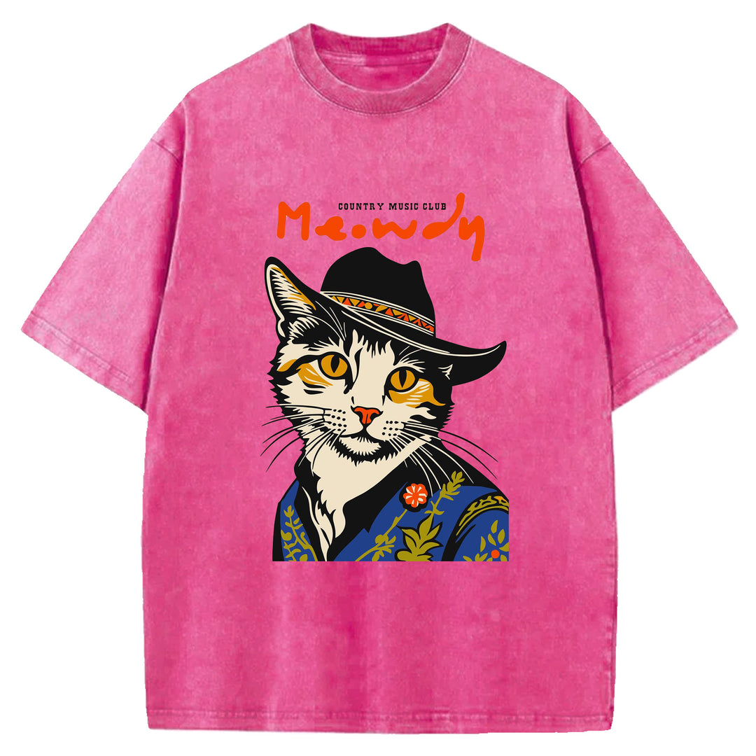 Funny Cat Design Washed Crew Neck T-Shirt