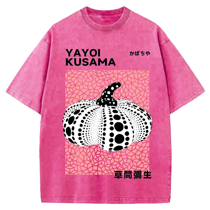Yayoi Kusama Polka Dot Pumpkin Vintage Design Washed Crew Neck T-Shirt
