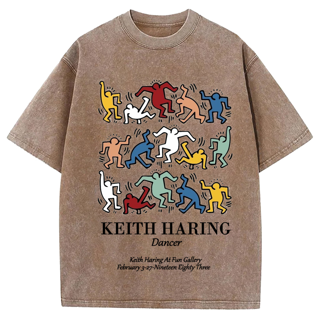 Keith Haring Dancer Vintage Design Washed Crew Neck T-Shirt