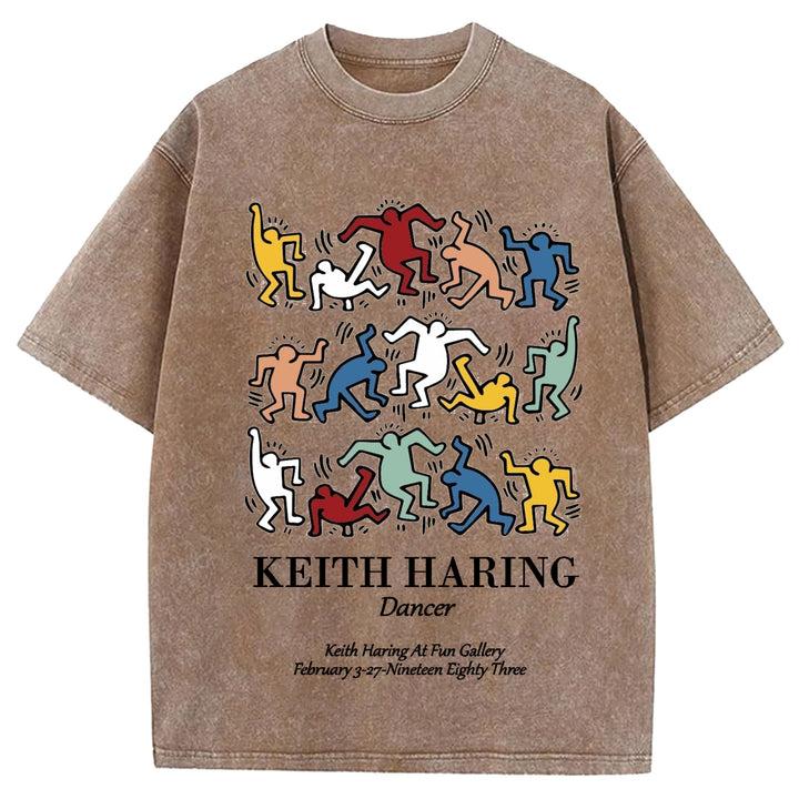 Keith Haring Dancer Vintage Design Washed Crew Neck T-Shirt
