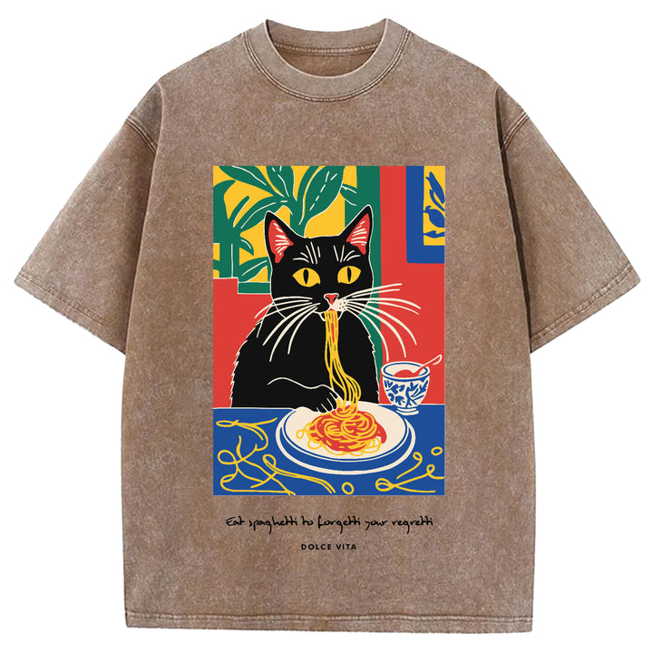 Cat Eating Ramen Vintage Washed Crew Neck T-Shirt