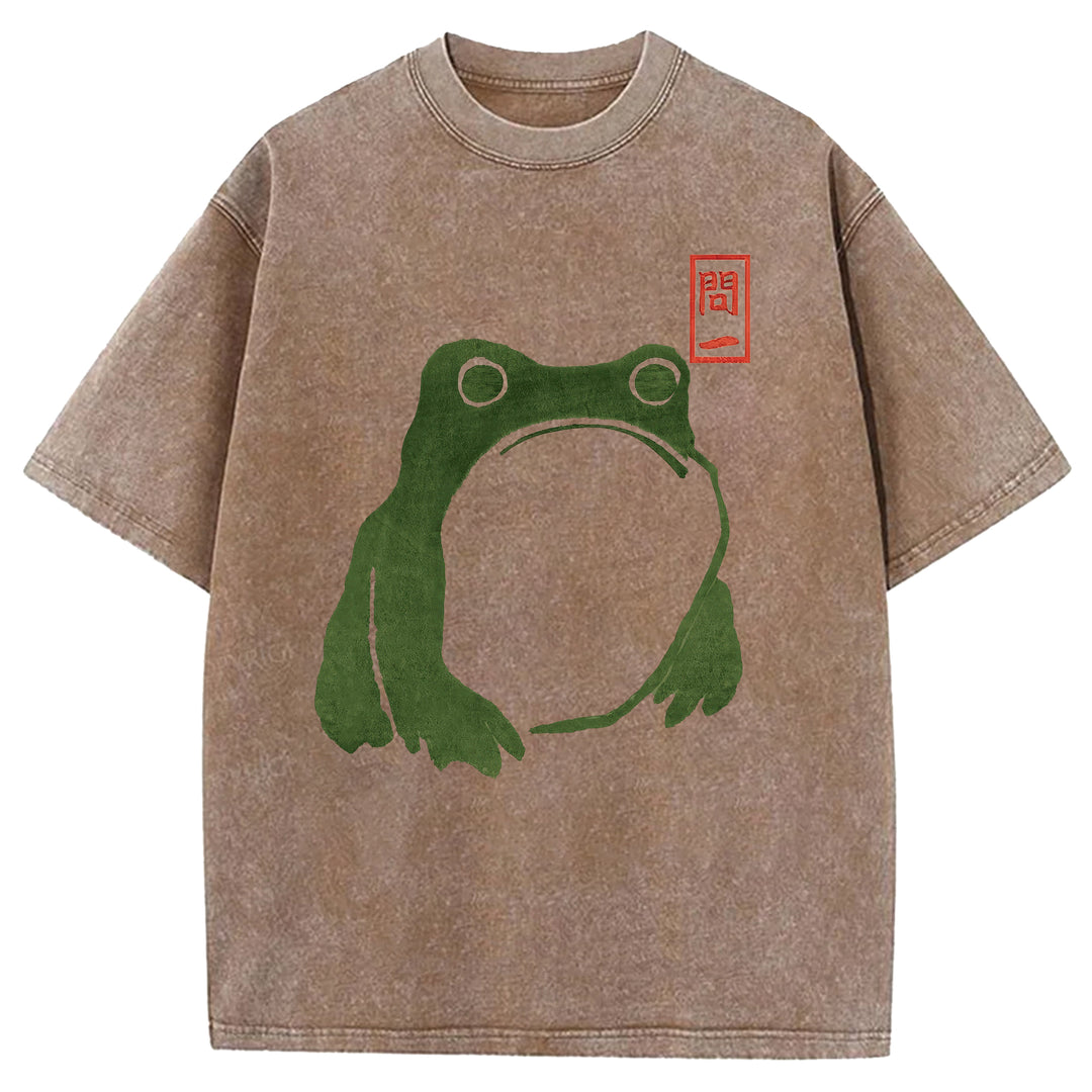 Retro Frog Design Washed Crew Neck T-Shirt