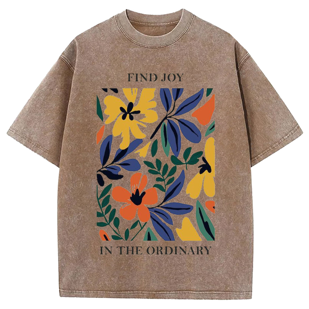 Vintage Flower Design Washed Crew Neck T-shirt