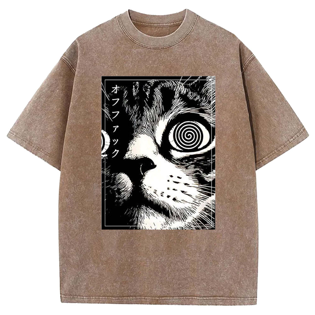 Psychedelic Cat Washed Crew Neck T-shirt