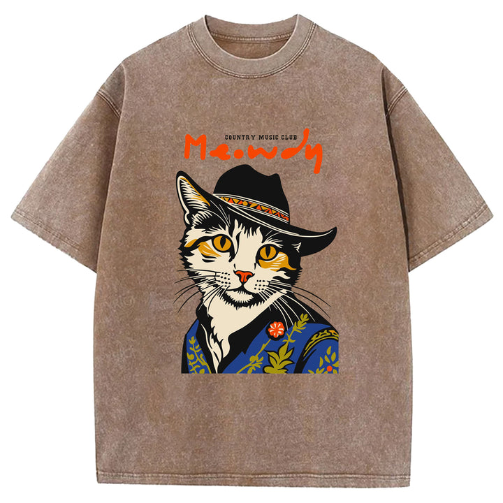 Funny Cat Design Washed Crew Neck T-Shirt