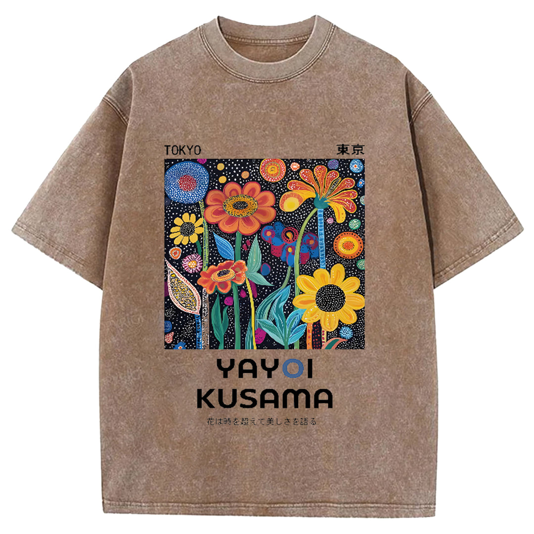 Yayoi Kusama Flower Vintage Japanese Design Washed Crew Neck T-Shirt