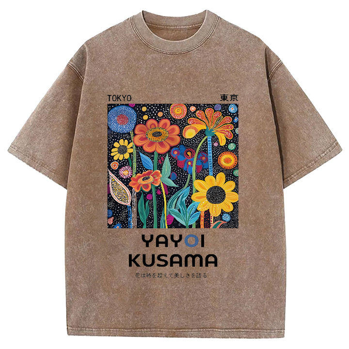 Yayoi Kusama Flower Vintage Japanese Design Washed Crew Neck T-Shirt