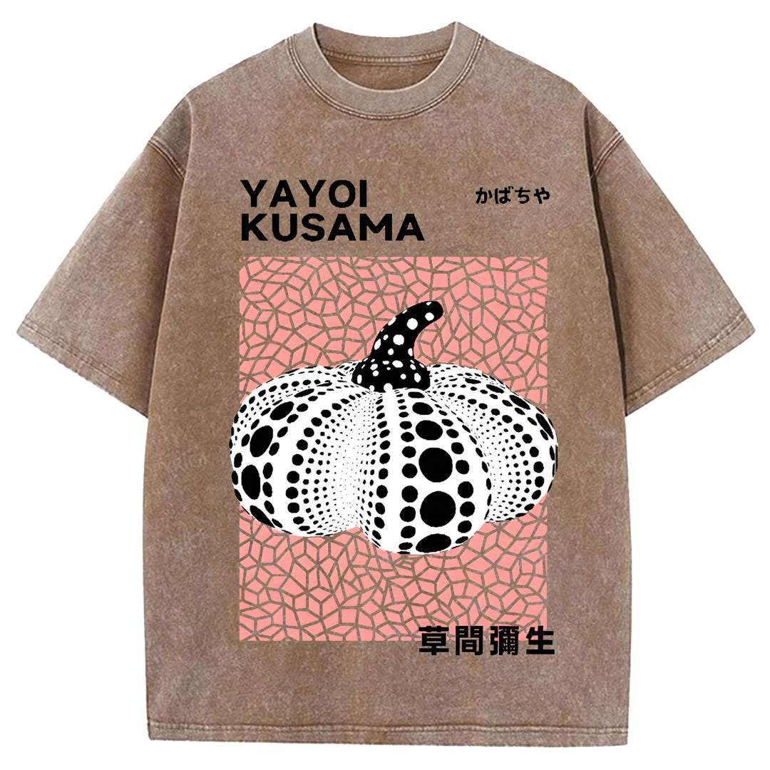 Yayoi Kusama Polka Dot Pumpkin Vintage Design Washed Crew Neck T-Shirt