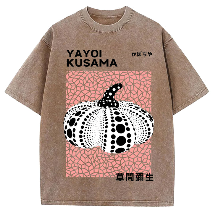 Yayoi Kusama Polka Dot Pumpkin Vintage Design Washed Crew Neck T-Shirt