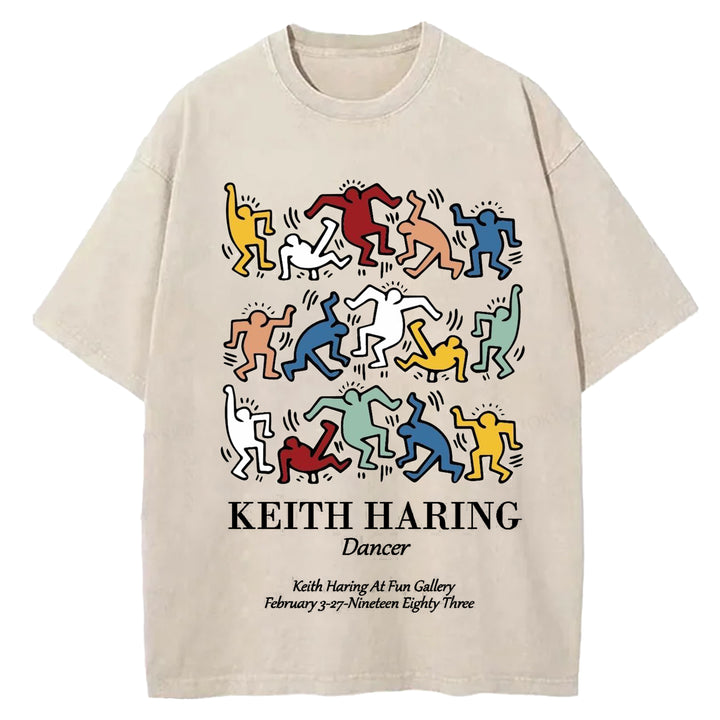 Keith Haring Dancer Vintage Design Washed Crew Neck T-Shirt