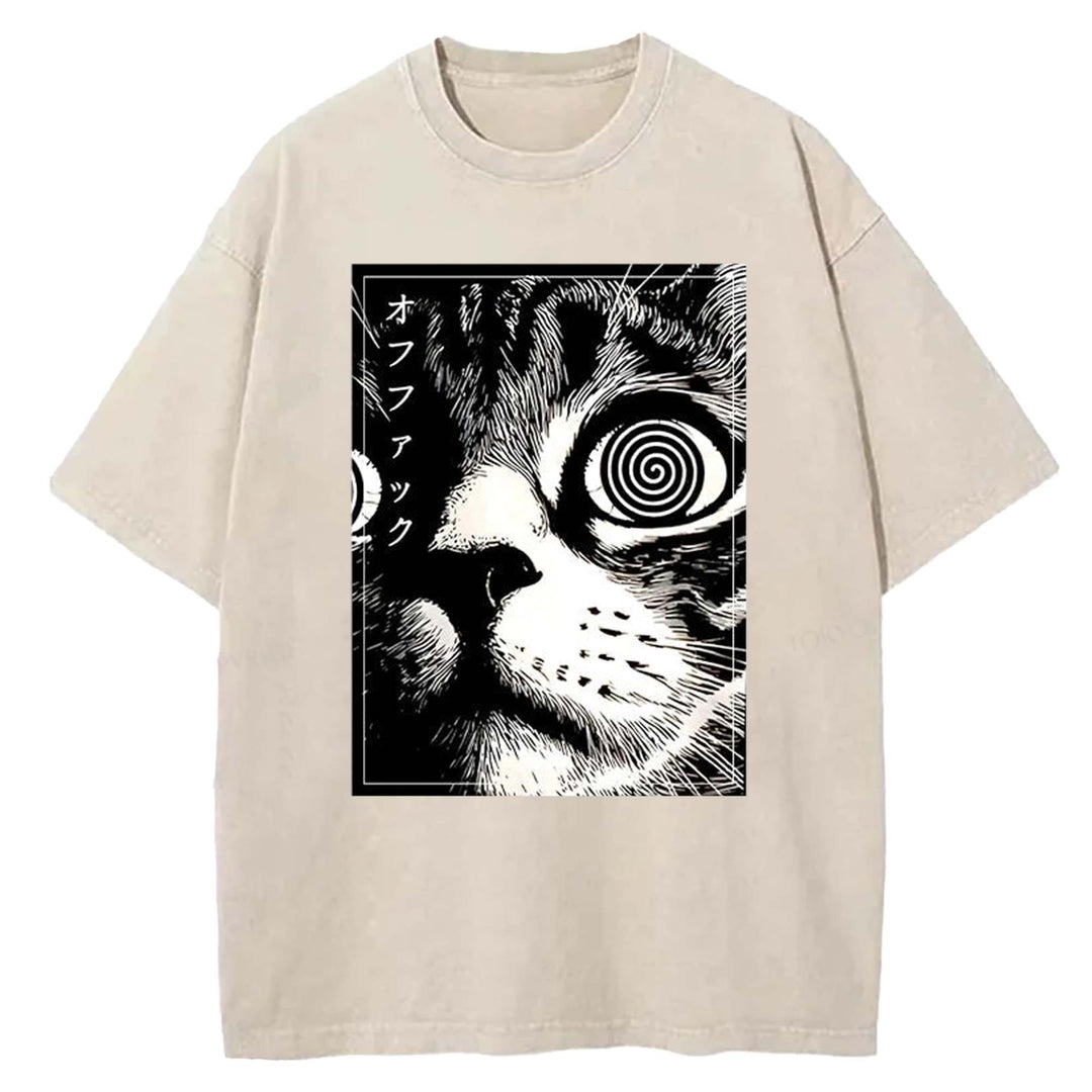 Psychedelic Cat Washed Crew Neck T-shirt