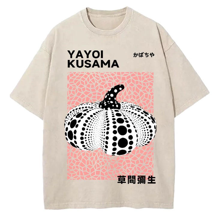 Yayoi Kusama Polka Dot Pumpkin Vintage Design Washed Crew Neck T-Shirt