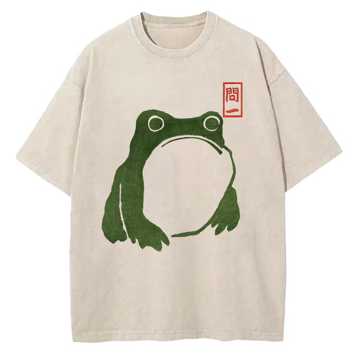 Retro Frog Design Washed Crew Neck T-Shirt