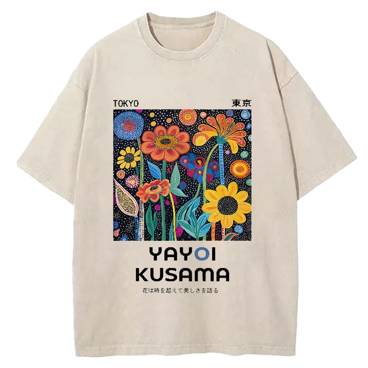Yayoi Kusama Flower Vintage Japanese Design Washed Crew Neck T-Shirt