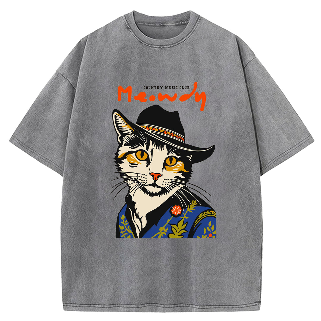 Funny Cat Design Washed Crew Neck T-Shirt