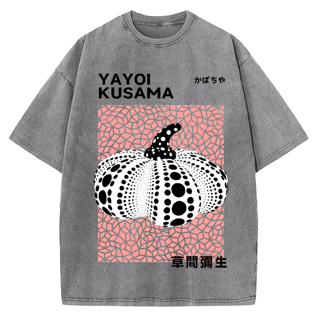 Yayoi Kusama Polka Dot Pumpkin Vintage Design Washed Crew Neck T-Shirt
