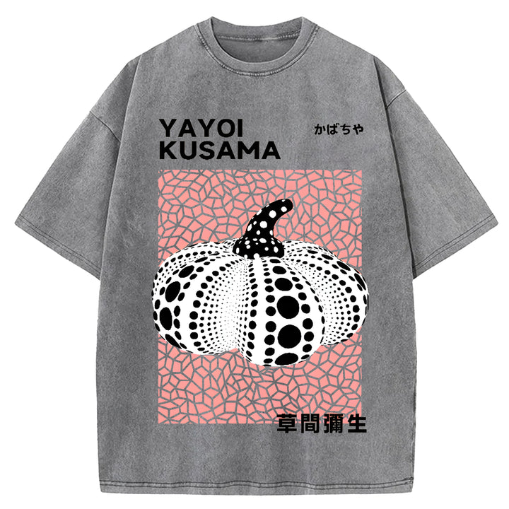 Yayoi Kusama Polka Dot Pumpkin Vintage Design Washed Crew Neck T-Shirt