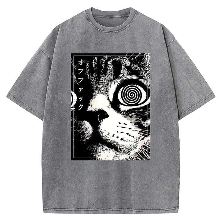 Psychedelic Cat Washed Crew Neck T-shirt