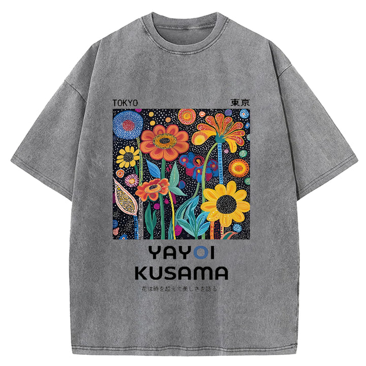 Yayoi Kusama Flower Vintage Japanese Design Washed Crew Neck T-Shirt