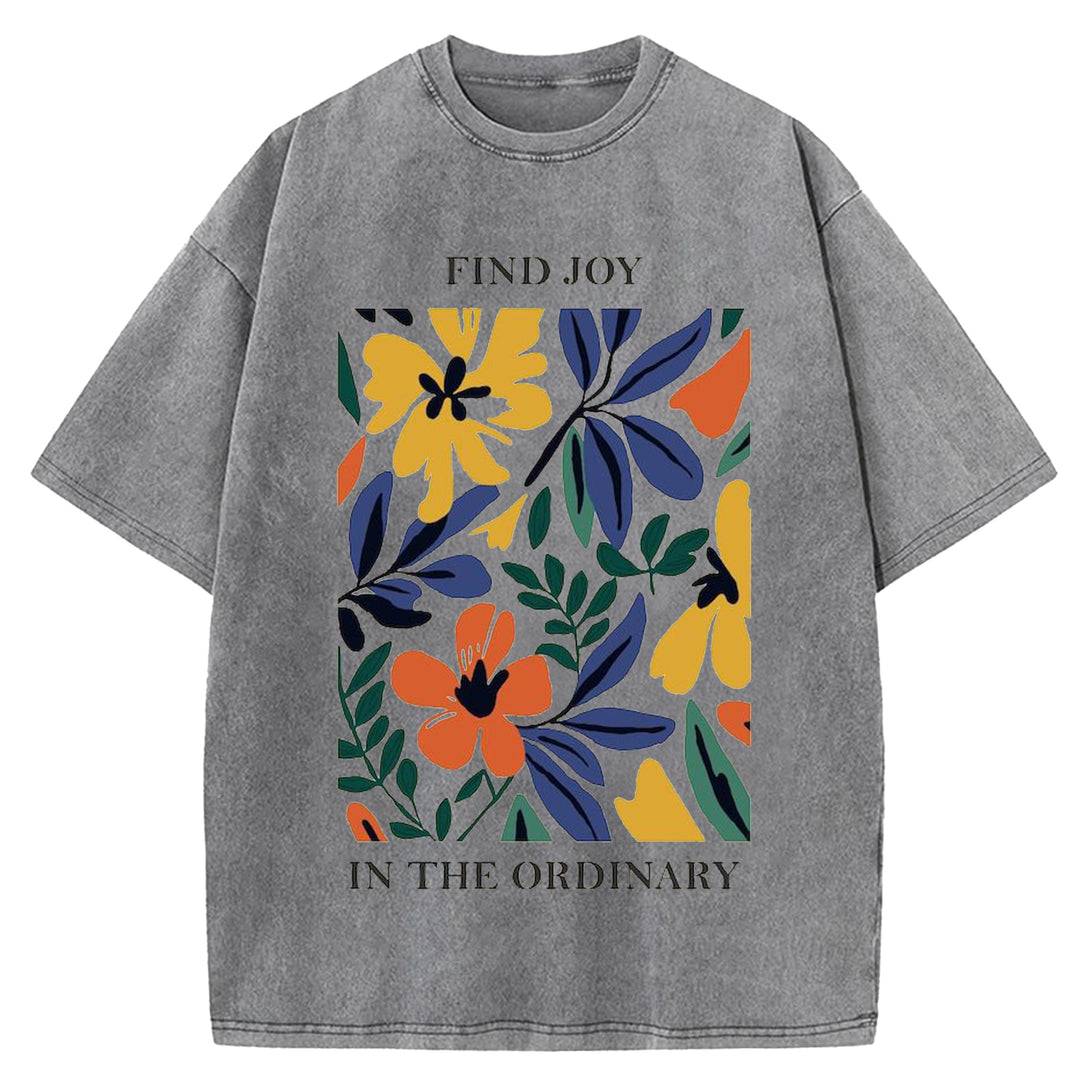 Vintage Flower Design Washed Crew Neck T-shirt