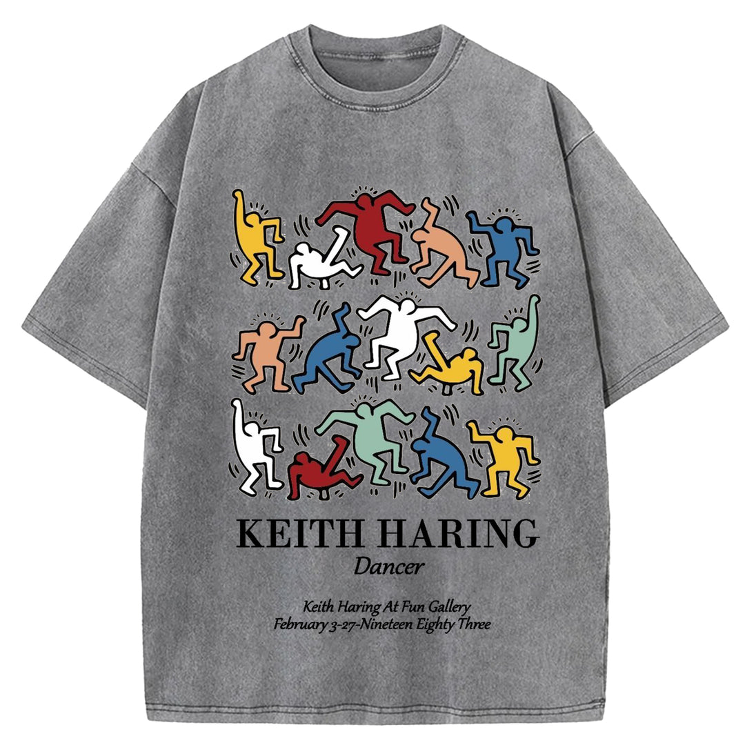 Keith Haring Dancer Vintage Design Washed Crew Neck T-Shirt