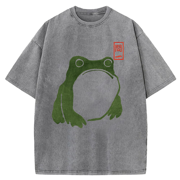 Retro Frog Design Washed Crew Neck T-Shirt