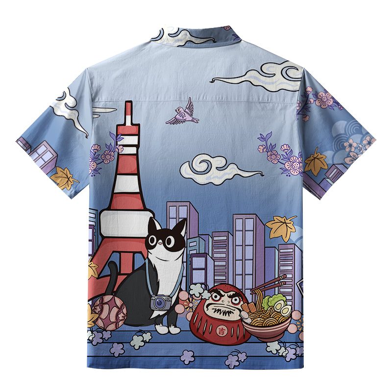 Tokyo Tower Landscape With Cat Button-up Shirt
