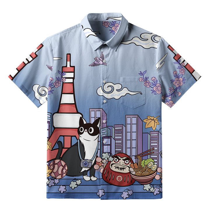 Tokyo Tower Landscape With Cat Button-up Shirt