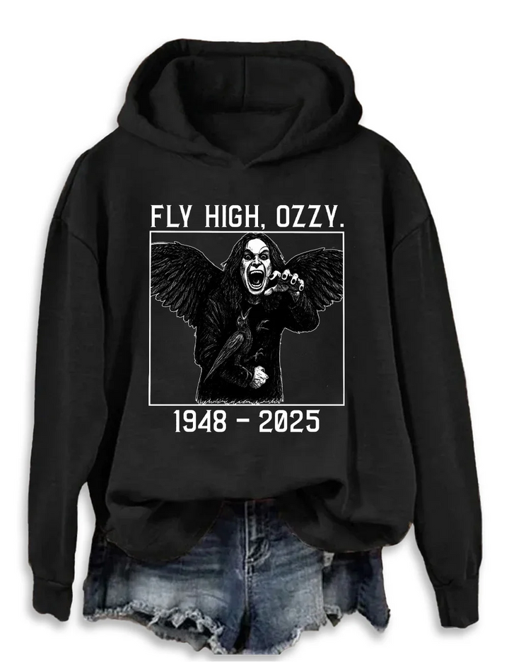 Fly High Ozzy 1948-2025 Long Sleeve Printed Hoodie