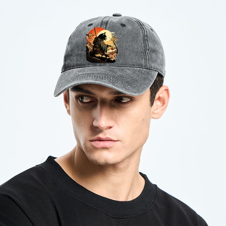 Cat Ninja Ukiyo-e Anime Style Samurai Washed Cap