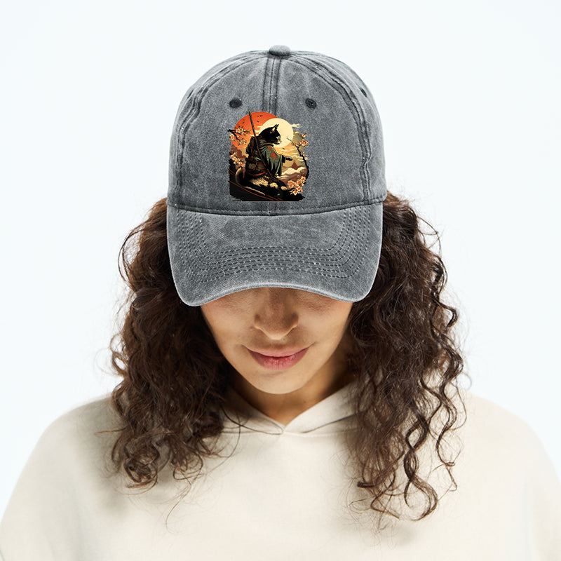 Cat Ninja Ukiyo-e Anime Style Samurai Washed Cap