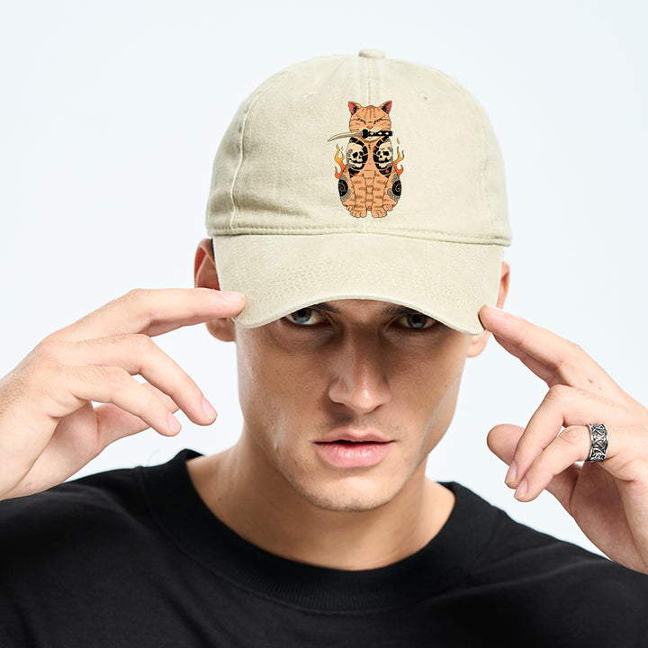 Catana Cat Skull Tattooed Samurai Washed Cap