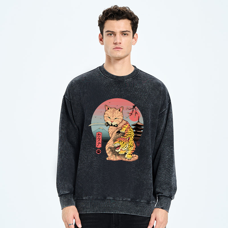 Katana Cat Tattoo Washed Sweatshirt