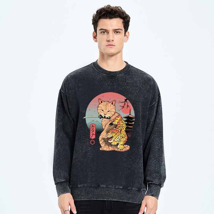 Katana Cat Tattoo Washed Sweatshirt