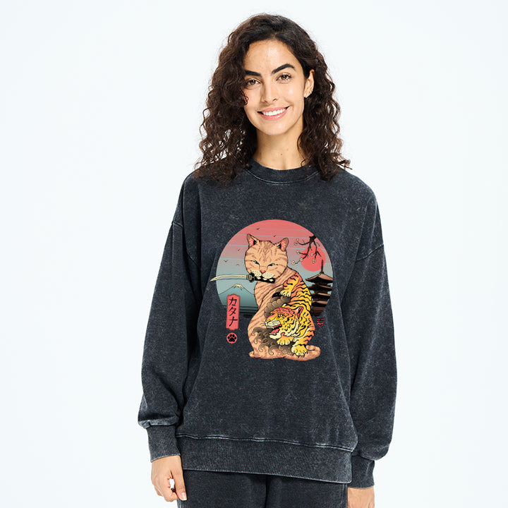 Katana Cat Tattoo Washed Sweatshirt
