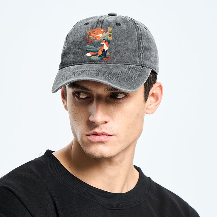 Japanese Kitsune Fox Sakura Washed Cap