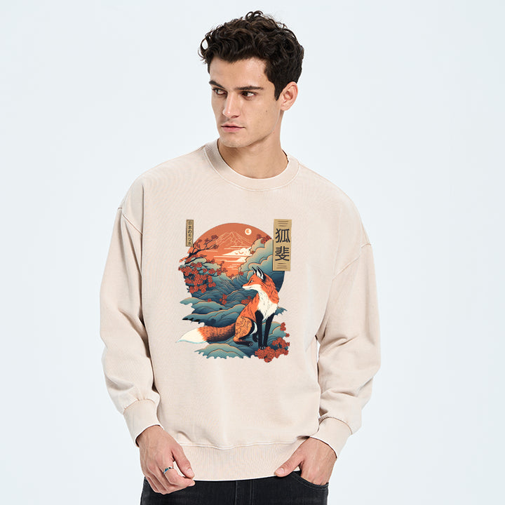 Japanese Kitsune Fox Sakura Washed Sweatshirt
