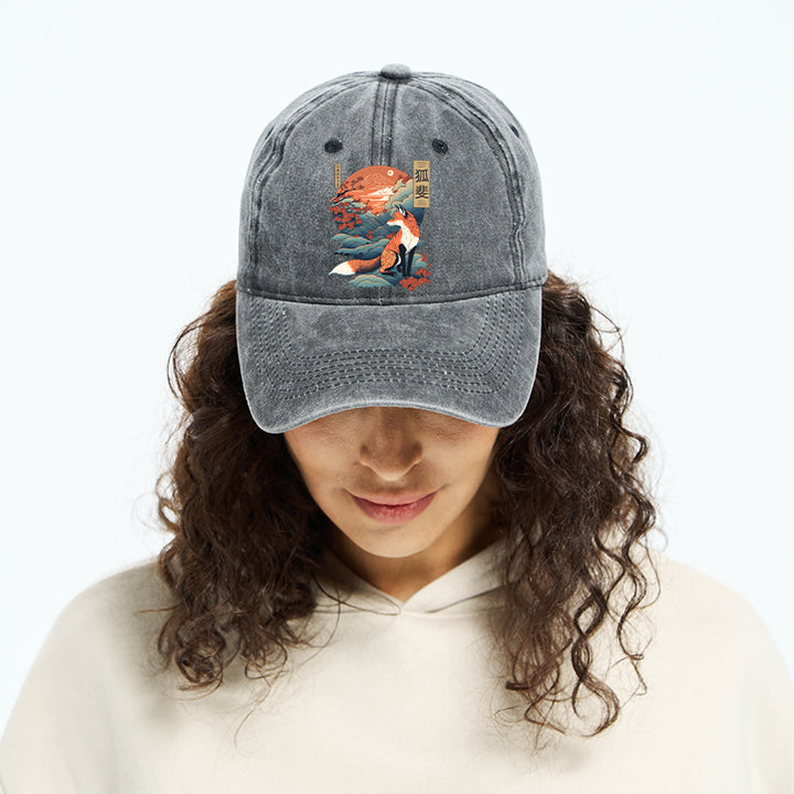 Japanese Kitsune Fox Sakura Washed Cap
