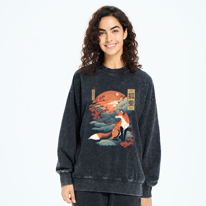 Japanese Kitsune Fox Sakura Washed Sweatshirt