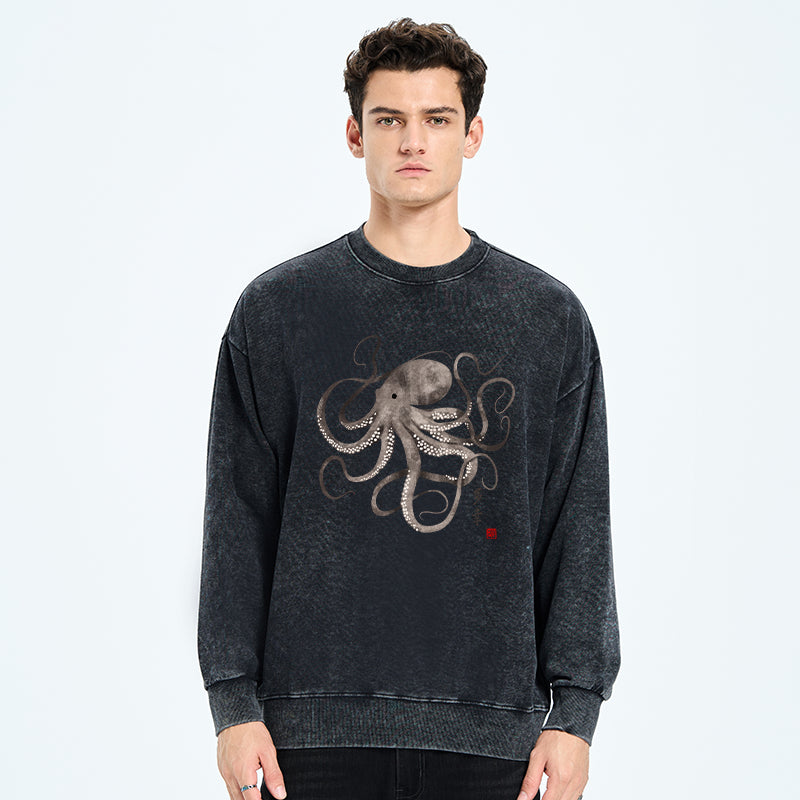 Octopus Japanese Calligraphy Washed Sweatshirt