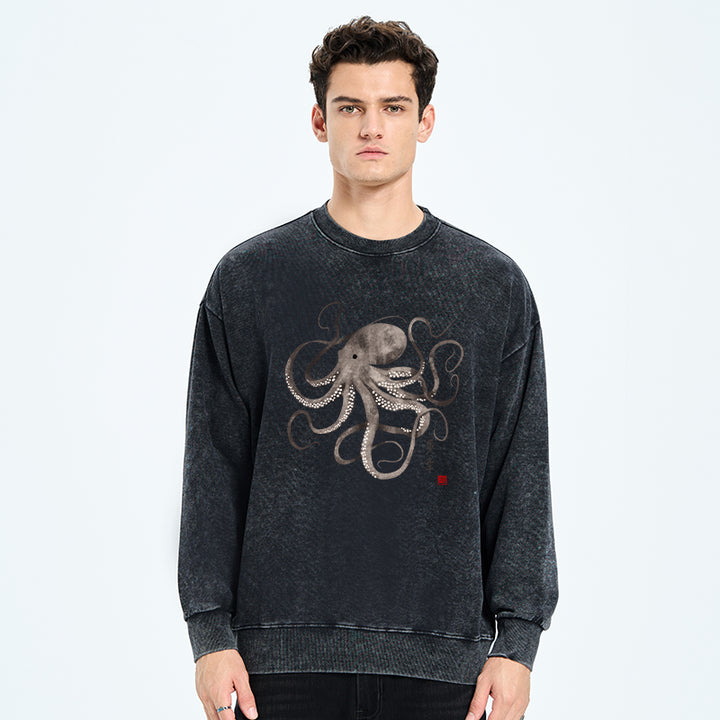 Octopus Japanese Calligraphy Washed Sweatshirt