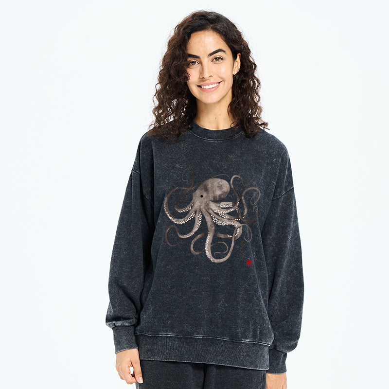 Octopus Japanese Calligraphy Washed Sweatshirt
