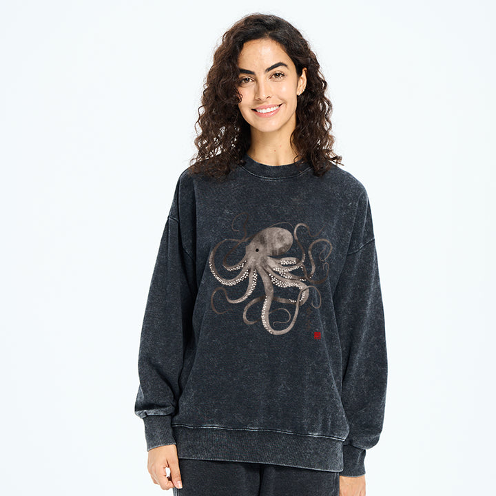 Octopus Japanese Calligraphy Washed Sweatshirt