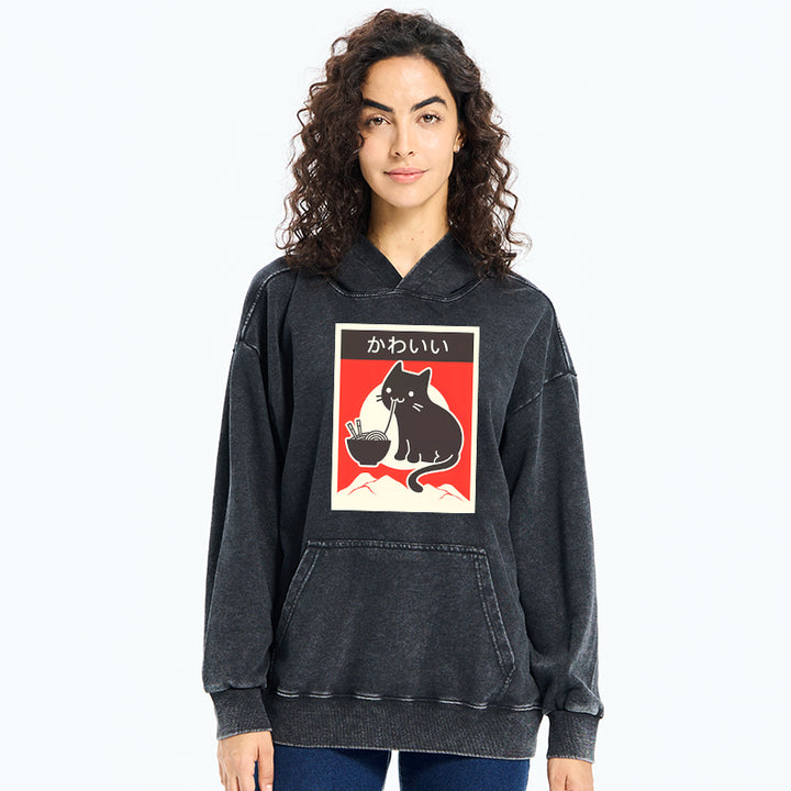 Kawaii Vintage Ramen Cat Washed Hoodie