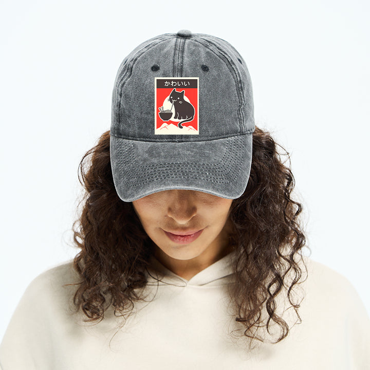 "Kawaii" Vintage Style Japenese Ramen Cat Washed Cap