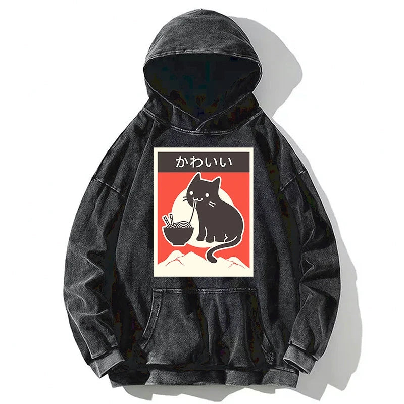 Kawaii Vintage Ramen Cat Washed Hoodie