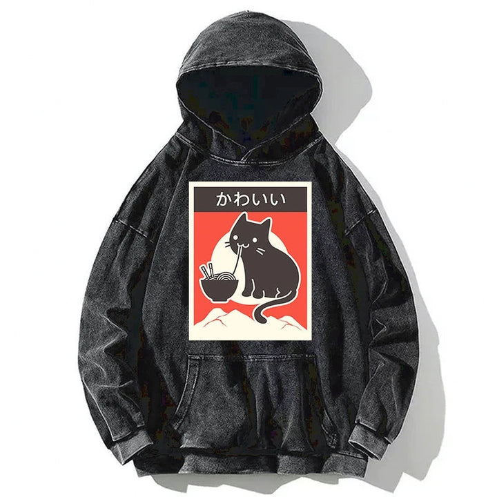 Kawaii Vintage Ramen Cat Washed Hoodie